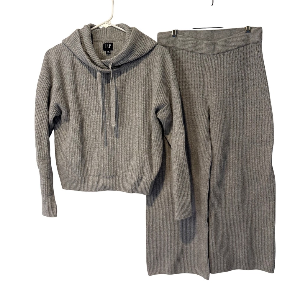 Gap Ribbed Knit Lounge Set Women XS/SP Gray Cowl Neck Hoodie Wide Leg Pants